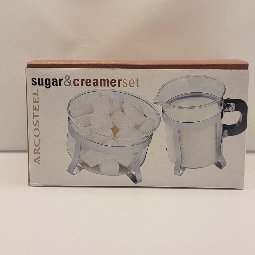 Arcosteel Sugar‎ & Creamer Set Glass Chrome Modern Coffee Tea Serving - Picture 2 of 11